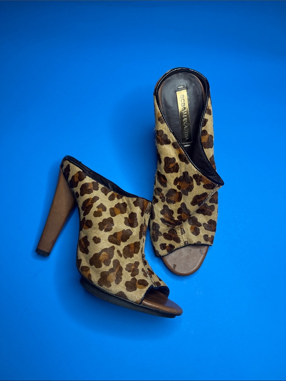 BCBGMaxAzria Leopard-Print Calf Hair Open-Toe Mule in Brown and Tan